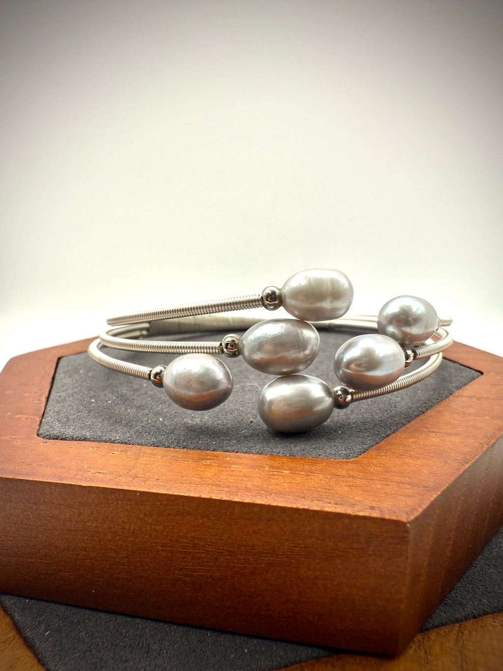 Silver Gray Three Layer Freshwater Pearl Bangle