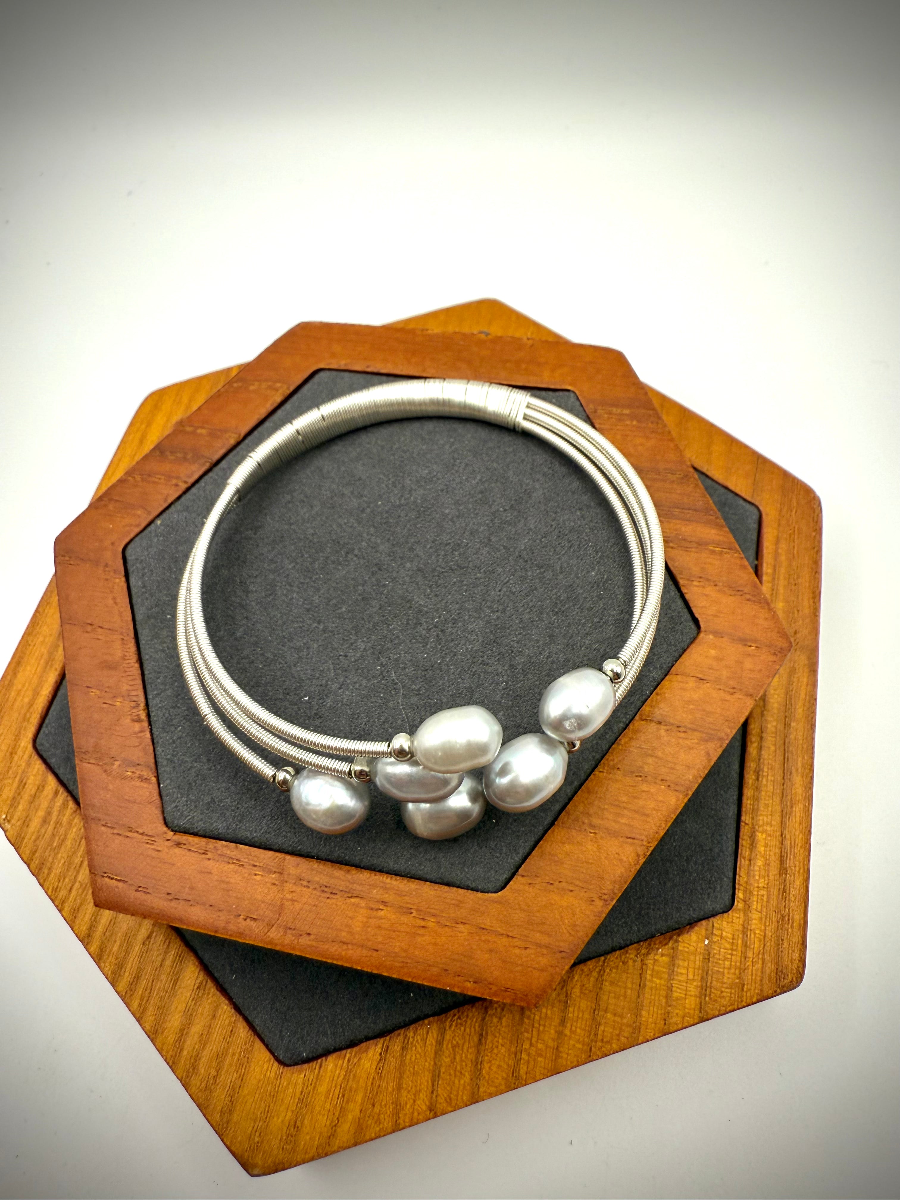Silver Gray Three Layer Freshwater Pearl Bangle