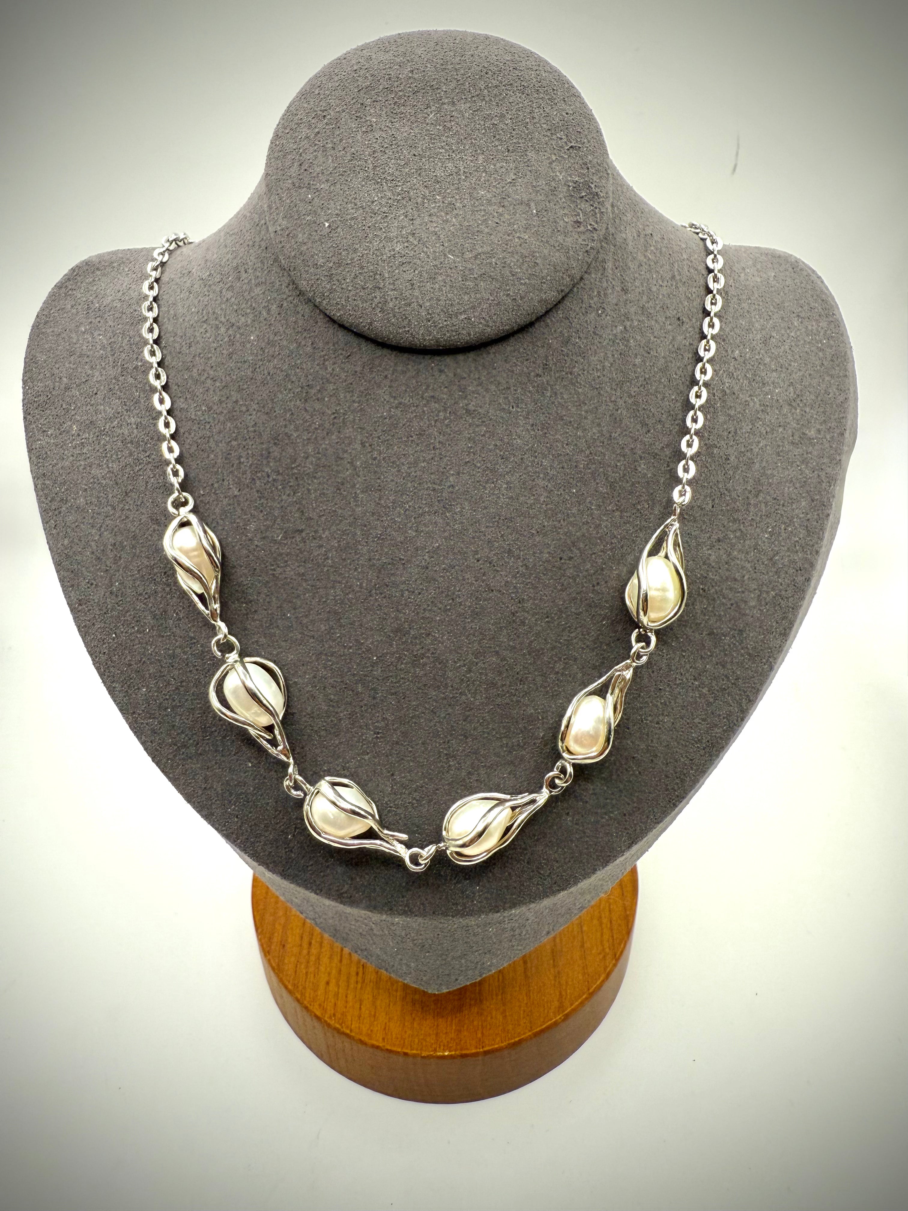 Necklace with Caged Pearls